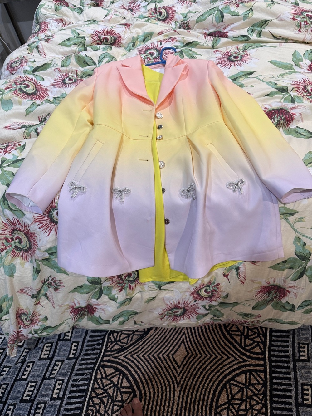 Pastel Ombre Women’s Blazer Jacket with Bow Embellishments - Pink, Yellow, Cream